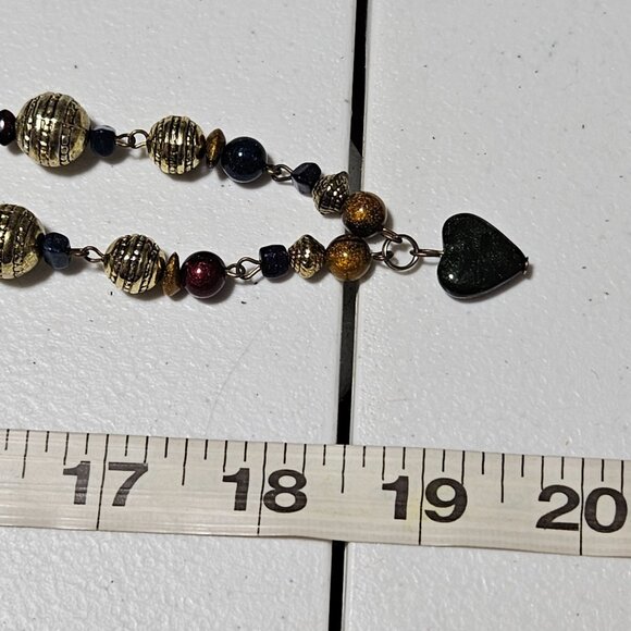 Elegant Art Deco Gold Tone Blue Chunky Gemstone Beaded Heart Pendant Necklace - Picture 9 of 9